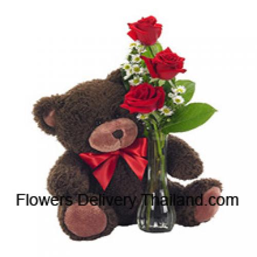 3 Rode Rozen met Prachtige 14 Inch Teddy