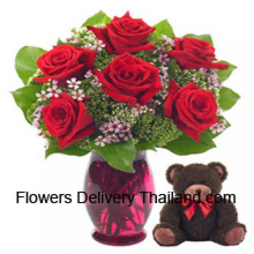 6 Red Roses with Cute 14 Inch Teddy