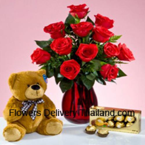 12 Rosas Rojas con Peluche de 12 Pulgadas y Ferrero Rochers