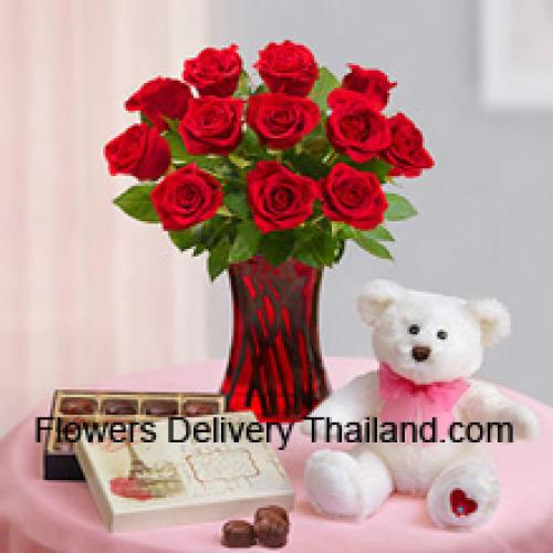 12 Hermosas Rosas Rojas con Peluche y Chocolates