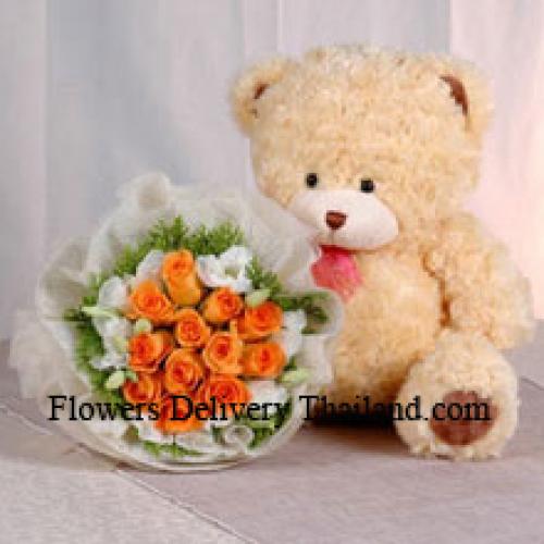 12 Orange Roses with Cute Teddy Bear