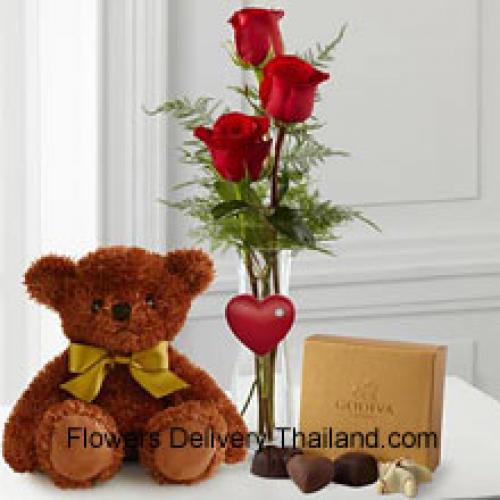 3 Rosas Rojas con Peluche y Chocolates