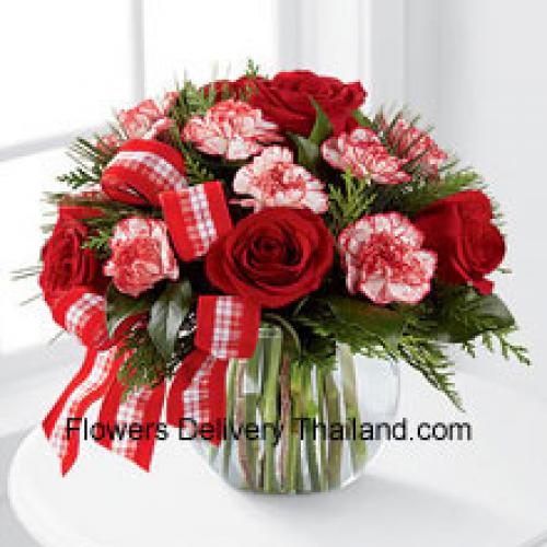 Roses and Carnations with Greens in Vase